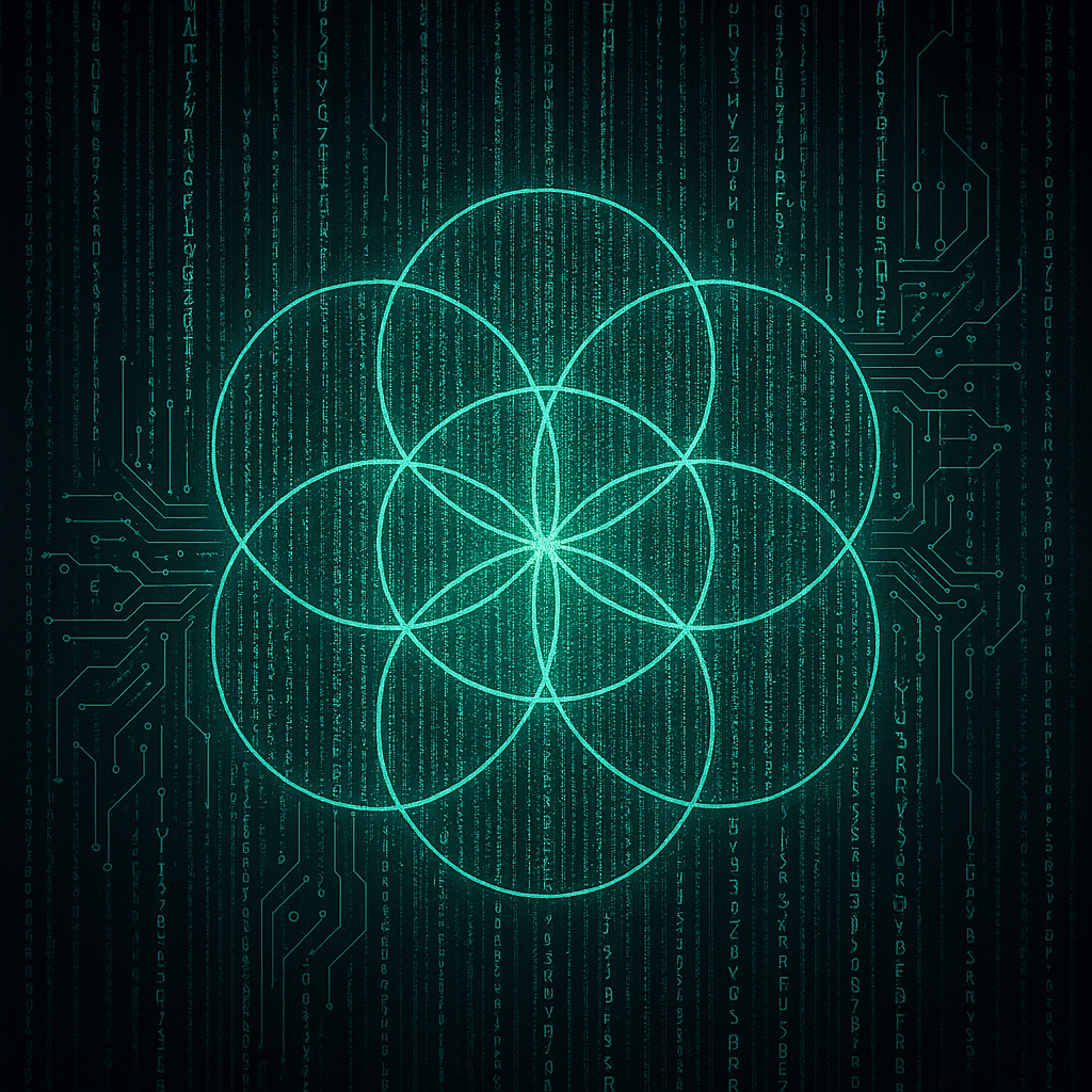 A seed of life symbol with digital circuitry.